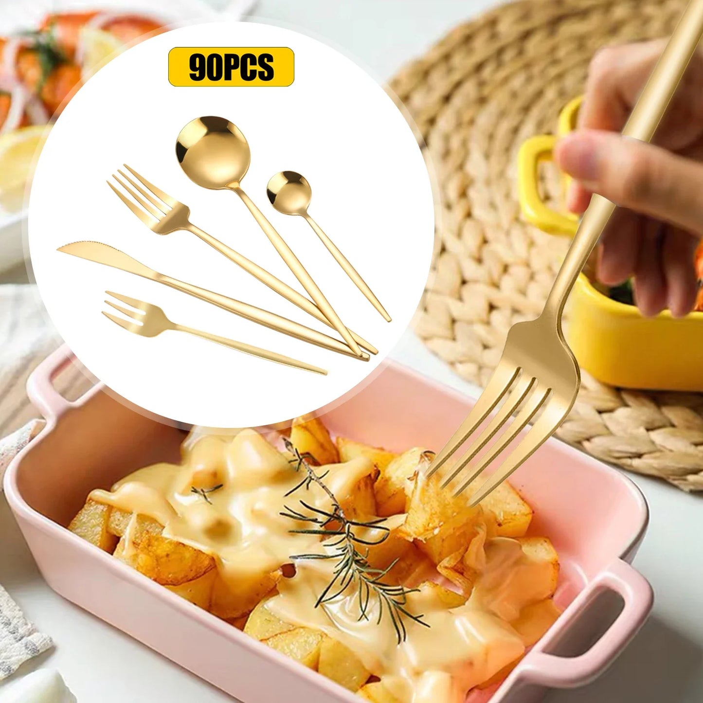 90Pcs Gold Flatware Set