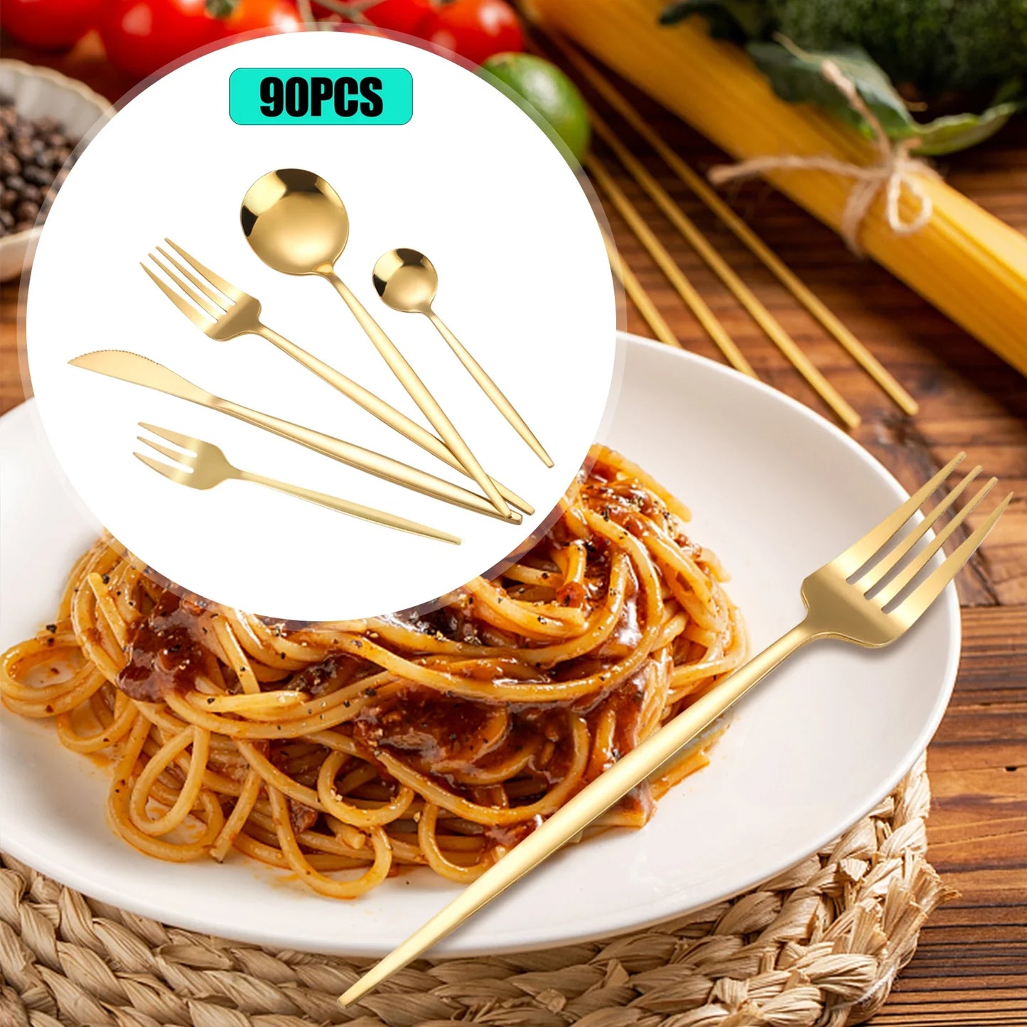 90Pcs Gold Flatware Set