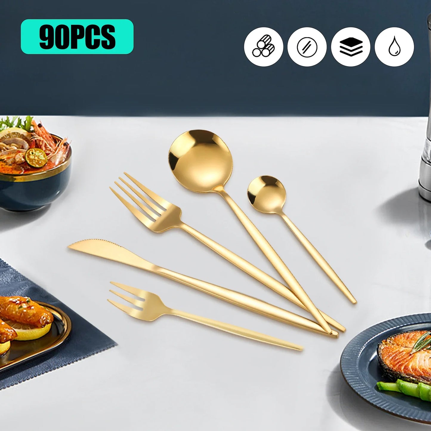 90Pcs Gold Flatware Set