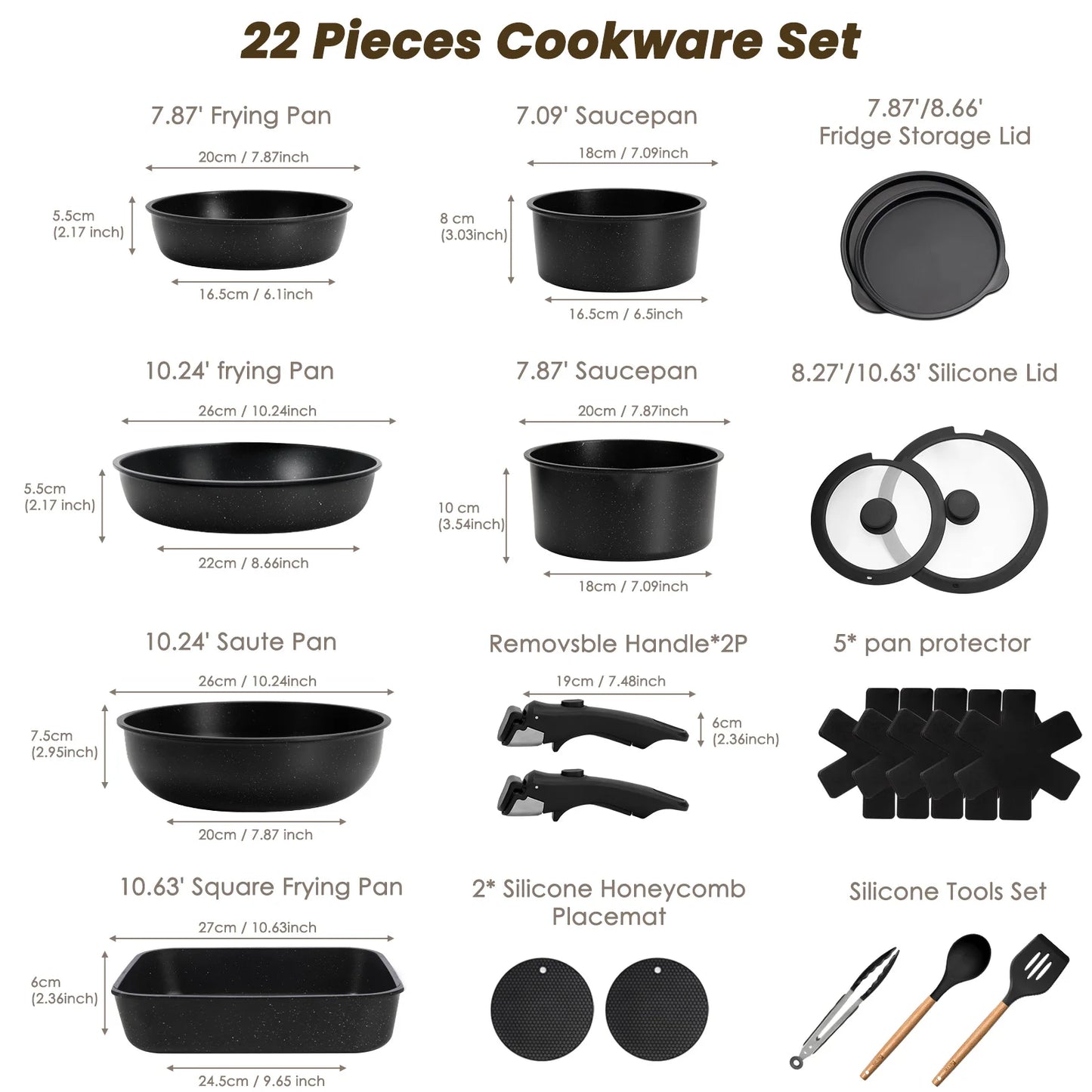 22 pieces, non-stick, cookware