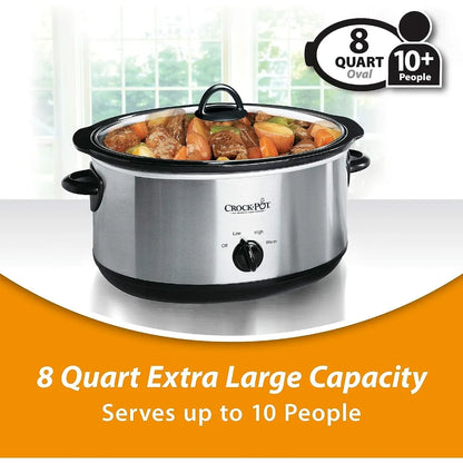 Large 8 Quart Oval Manual Slow Cooker, Stainless Steel, High/Low Cook Settings, and Convenient Warm Setting, 1500 Watts