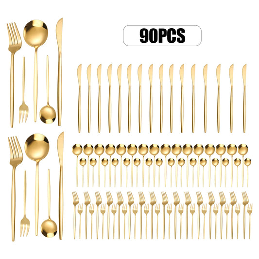 90Pcs Gold Flatware Set