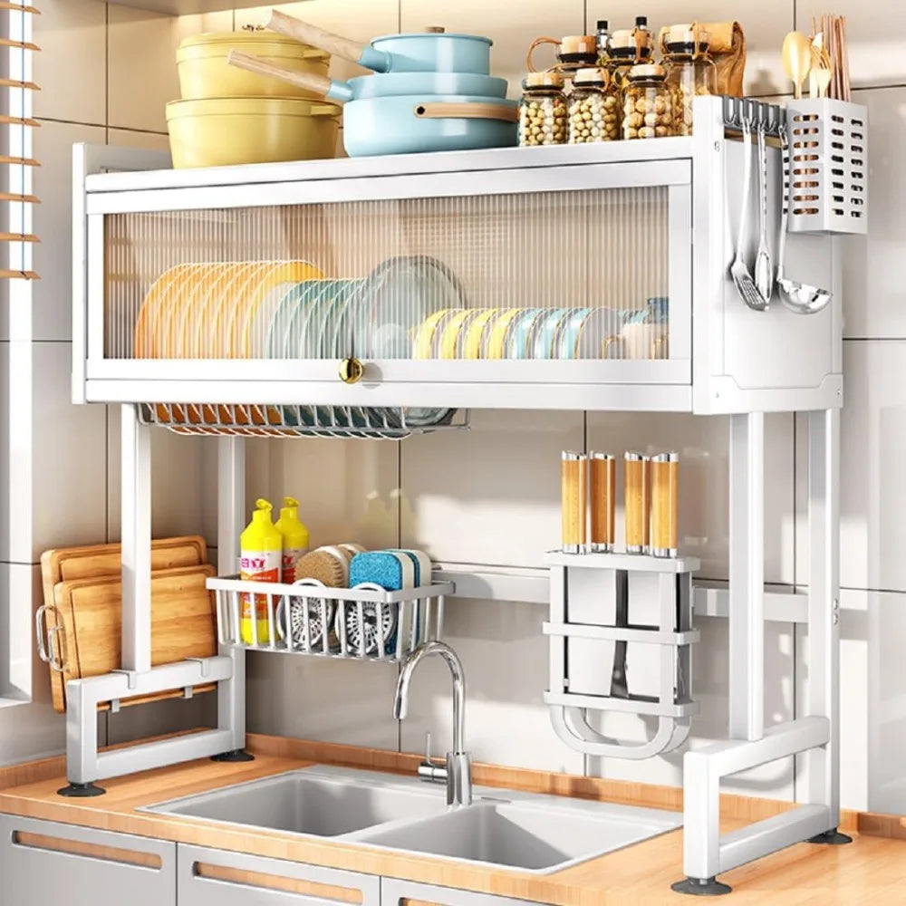 Over Sink Dish Drying Rack Carbon Steel, 2-Tier Drainer Shelf Kitchen Cutlery Holder Dishware Utensil Holder with Basket