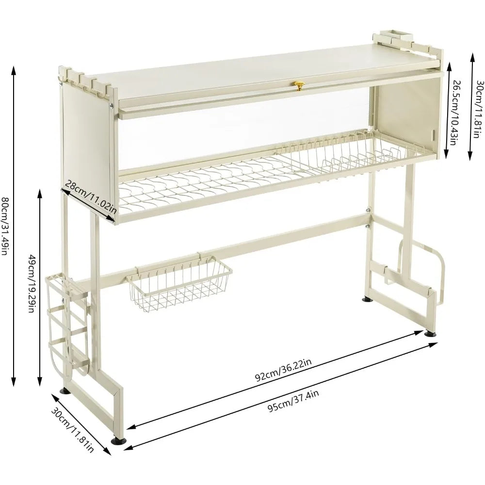 Over Sink Dish Drying Rack Carbon Steel, 2-Tier Drainer Shelf Kitchen Cutlery Holder Dishware Utensil Holder with Basket