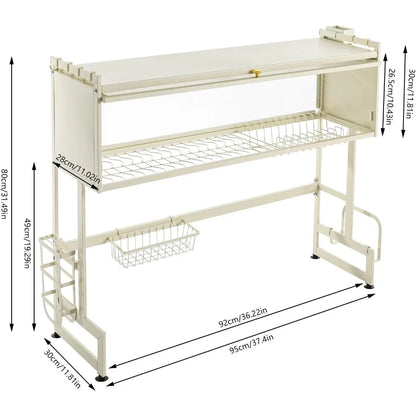 Over Sink Dish Drying Rack Carbon Steel, 2-Tier Drainer Shelf Kitchen Cutlery Holder Dishware Utensil Holder with Basket