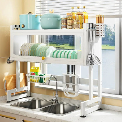 Over Sink Dish Drying Rack Carbon Steel, 2-Tier Drainer Shelf Kitchen Cutlery Holder Dishware Utensil Holder with Basket