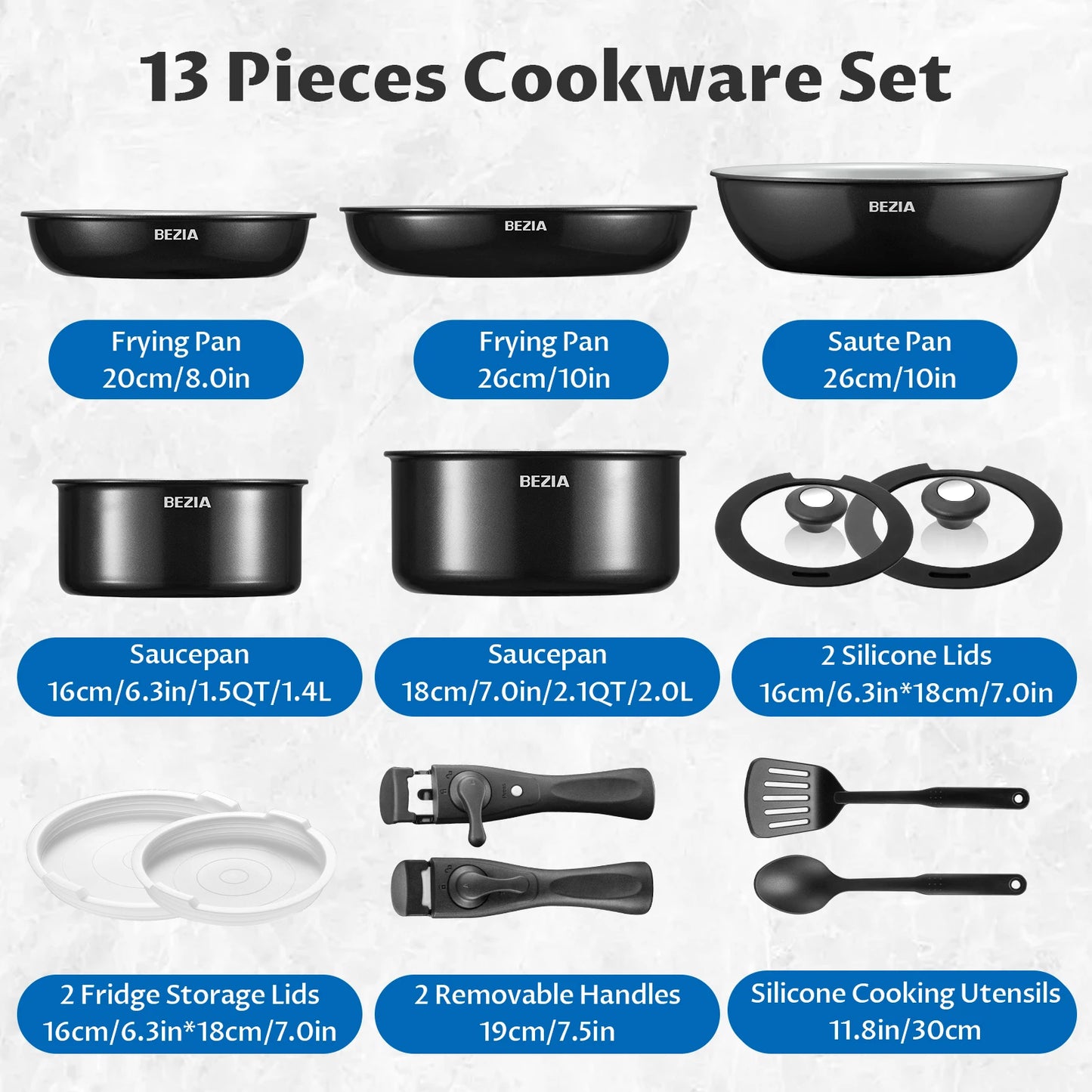 13pcs Induction Cookware with Detachable Handles